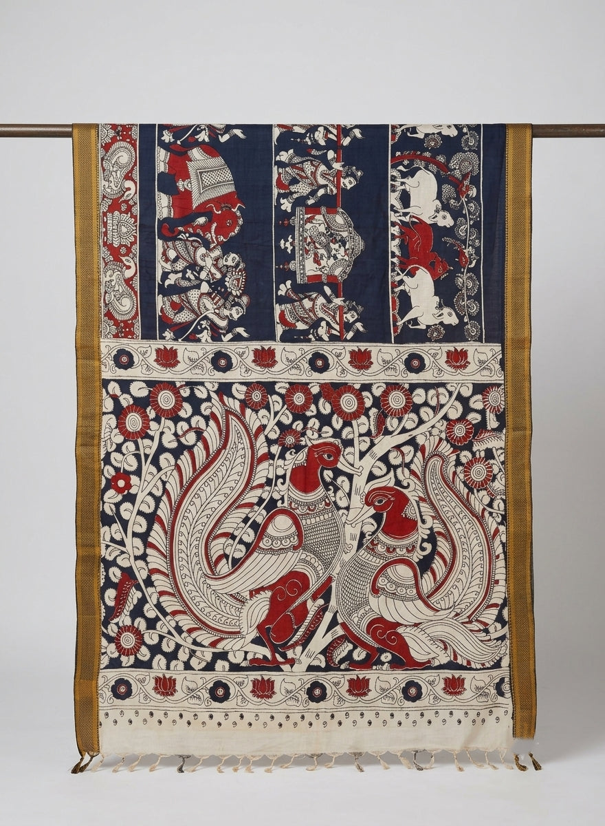 Ashwamedha Black Chennur Silk Kalamkari Saree