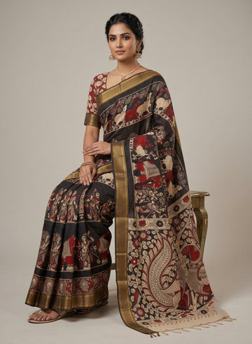 Ashwamedha Black Chennur Silk Kalamkari Saree