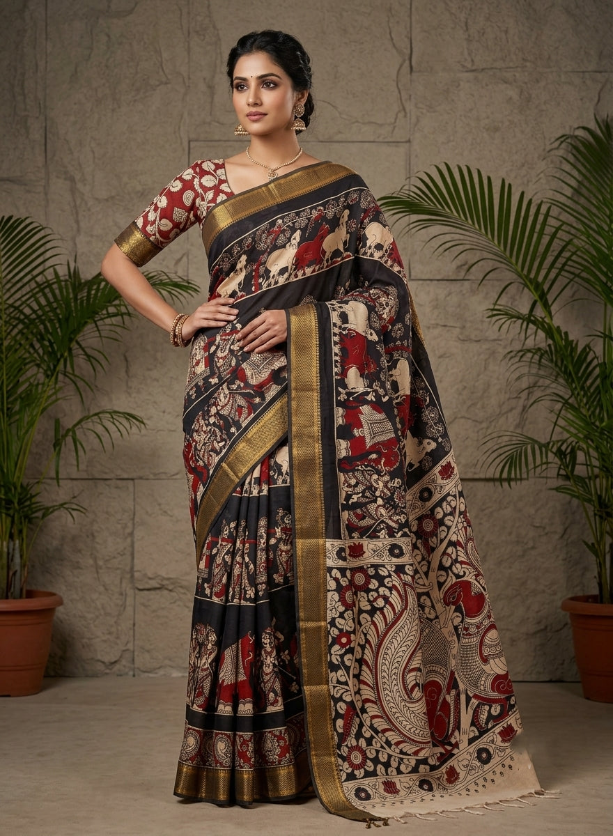 Ashwamedha Black Chennur Silk Kalamkari Saree