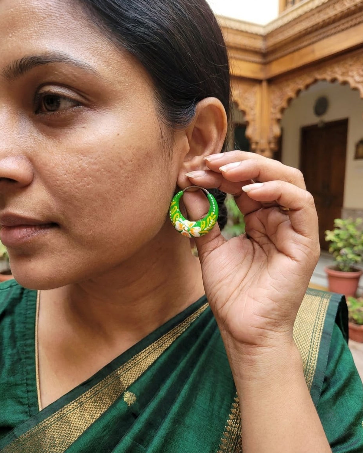 Basanti Hand-Painted Green Floral Hoop Earrings