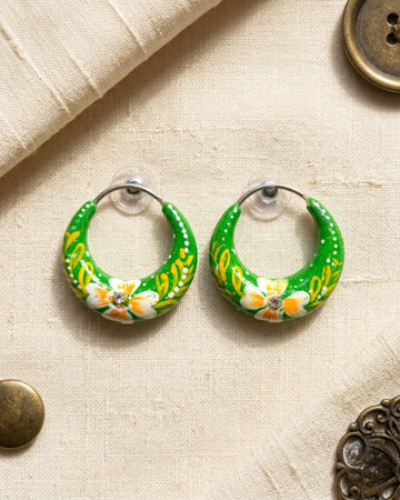 Basanti Hand-Painted Green Floral Hoop Earrings
