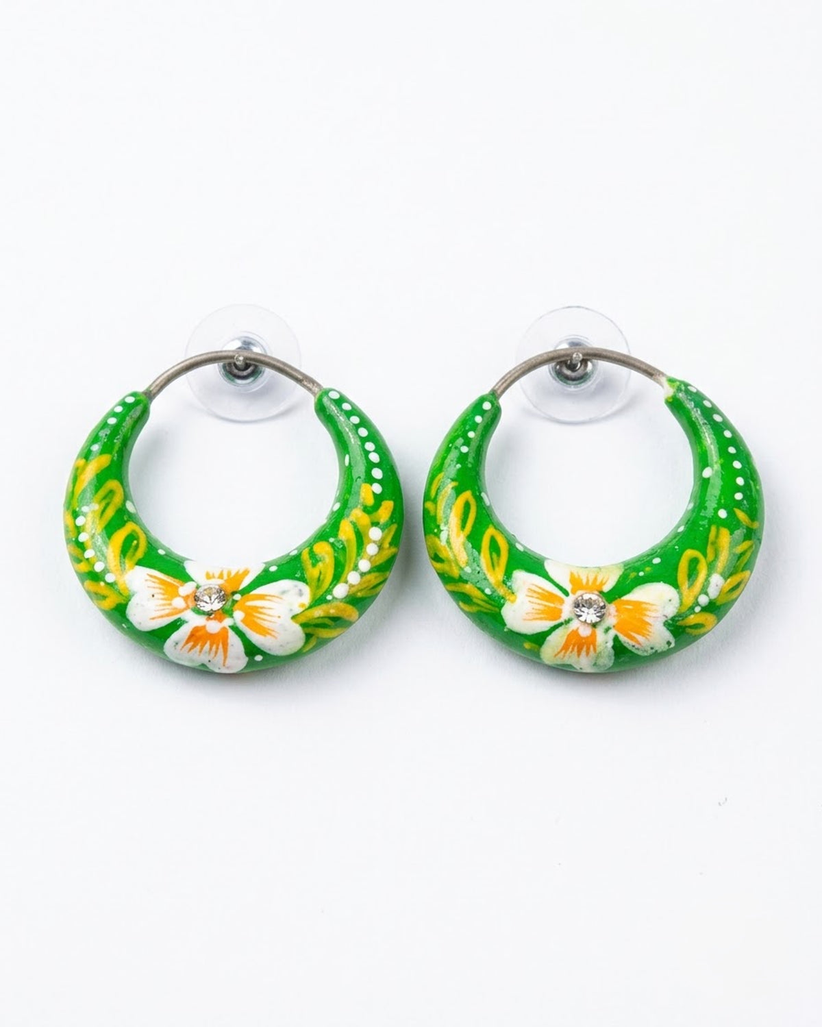 Basanti Hand-Painted Green Floral Hoop Earrings