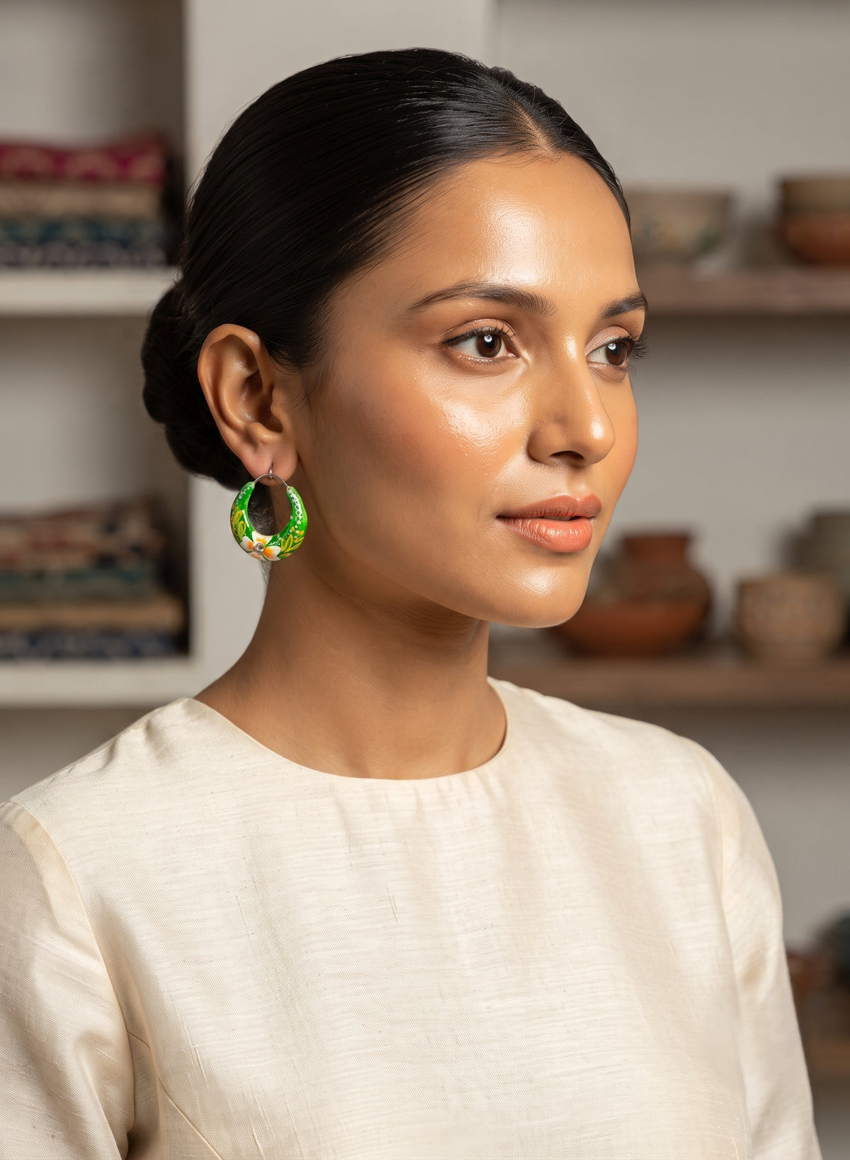 Basanti Hand-Painted Green Floral Hoop Earrings