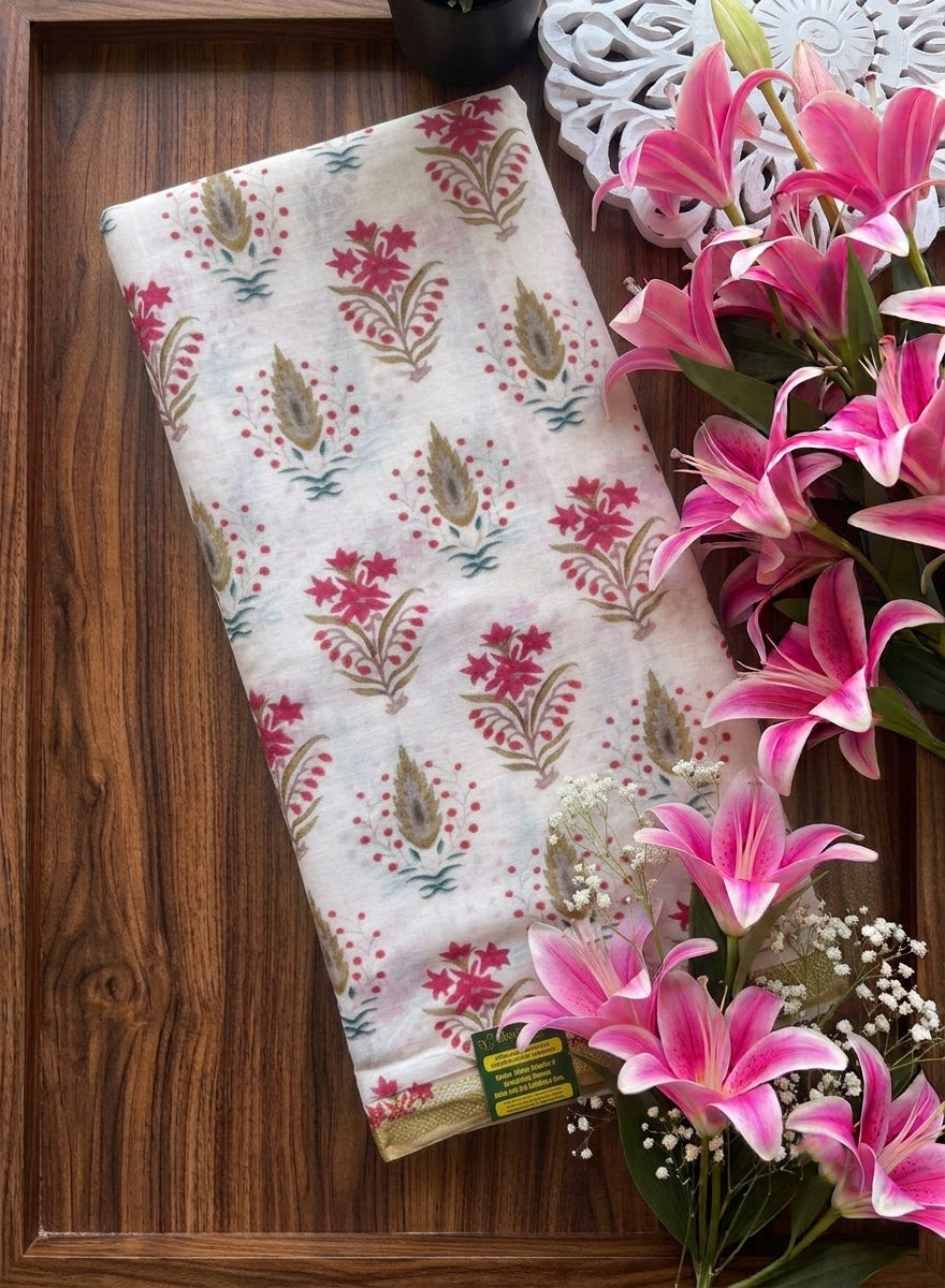 Beige Butter Cotton Saree | Floral Buttas & Striped Pallu | Chirala