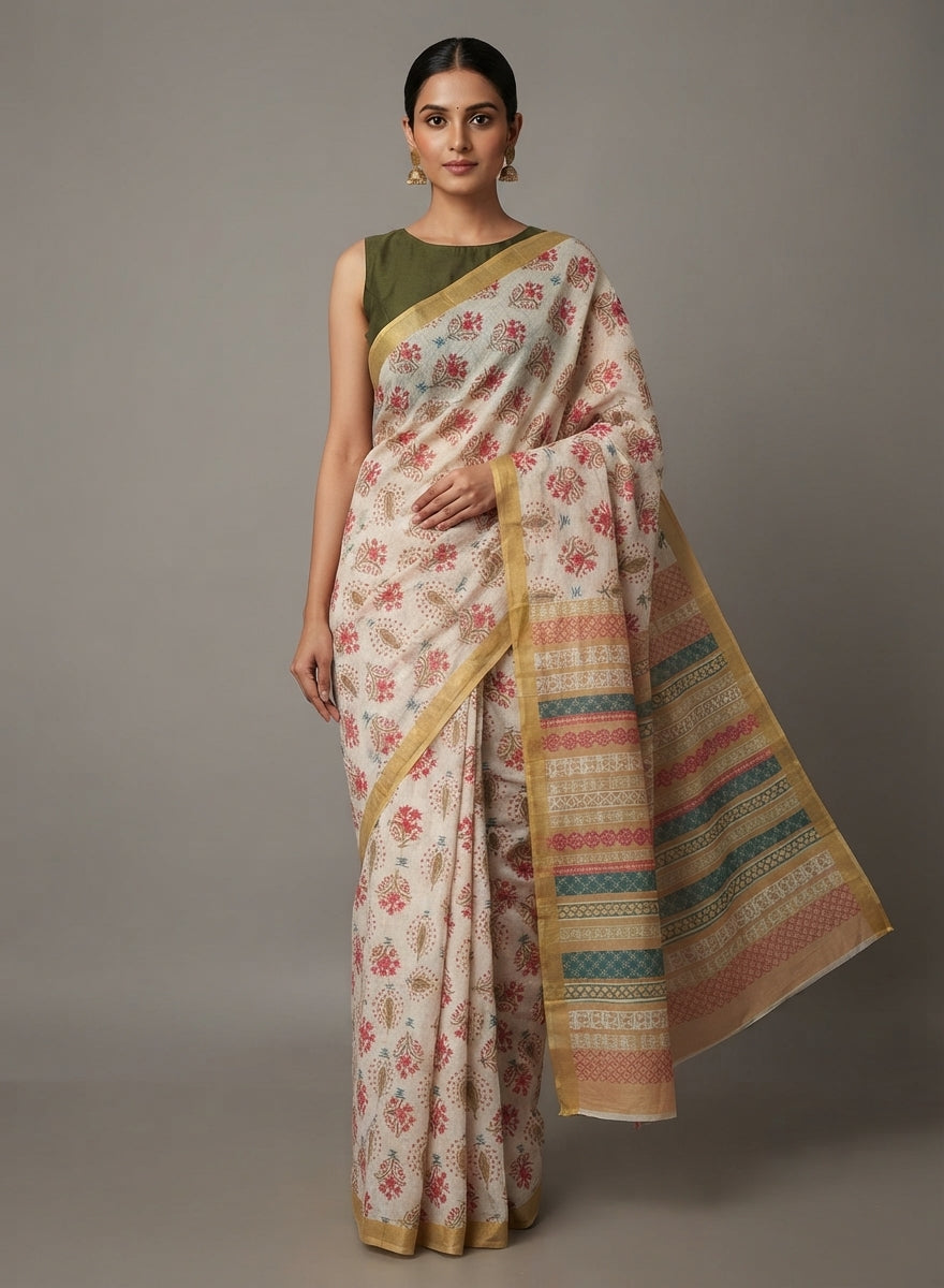 Beige Butter Cotton Saree | Floral Buttas & Striped Pallu | Chirala