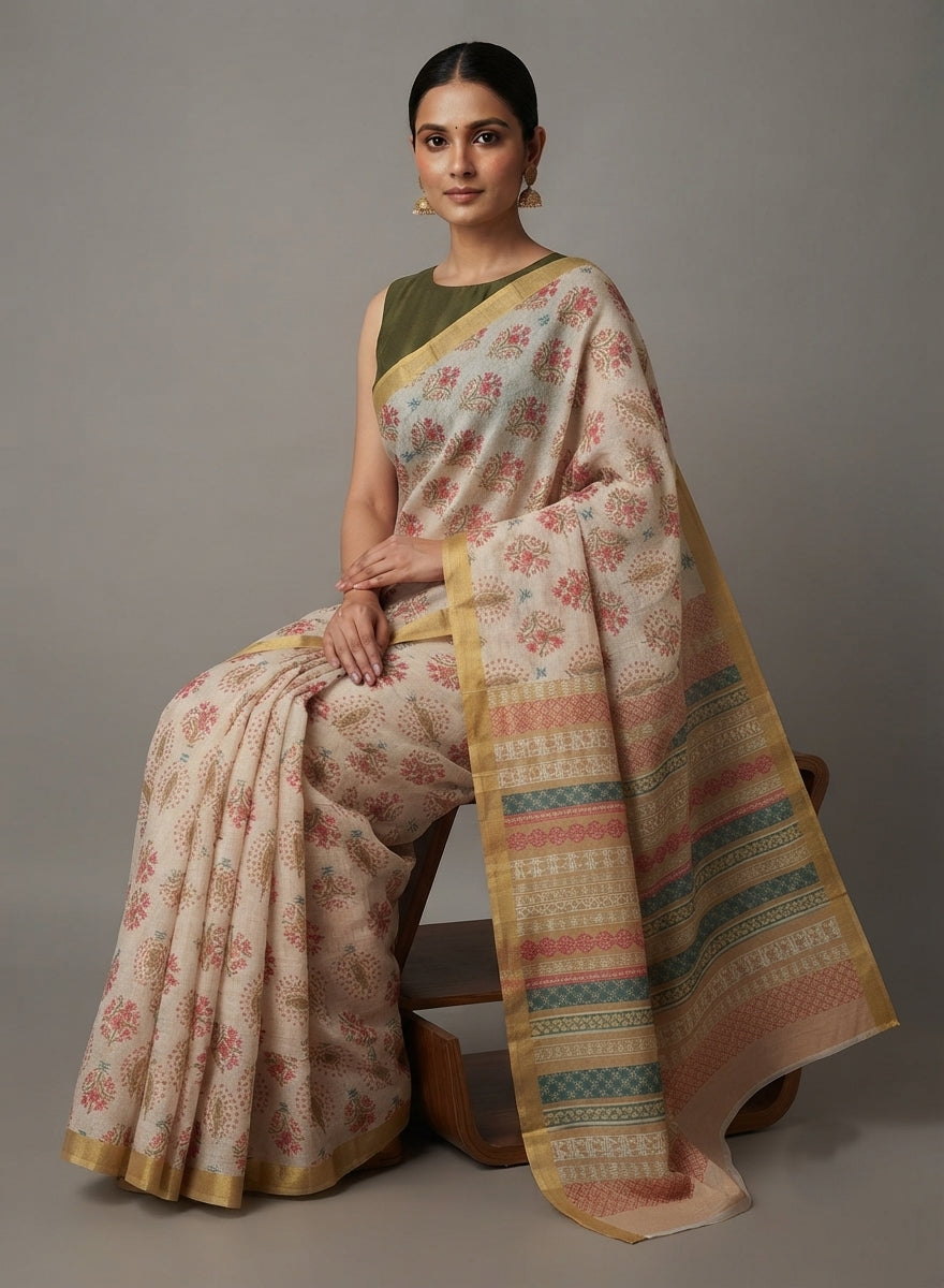 Beige Butter Cotton Saree | Floral Buttas & Striped Pallu | Chirala