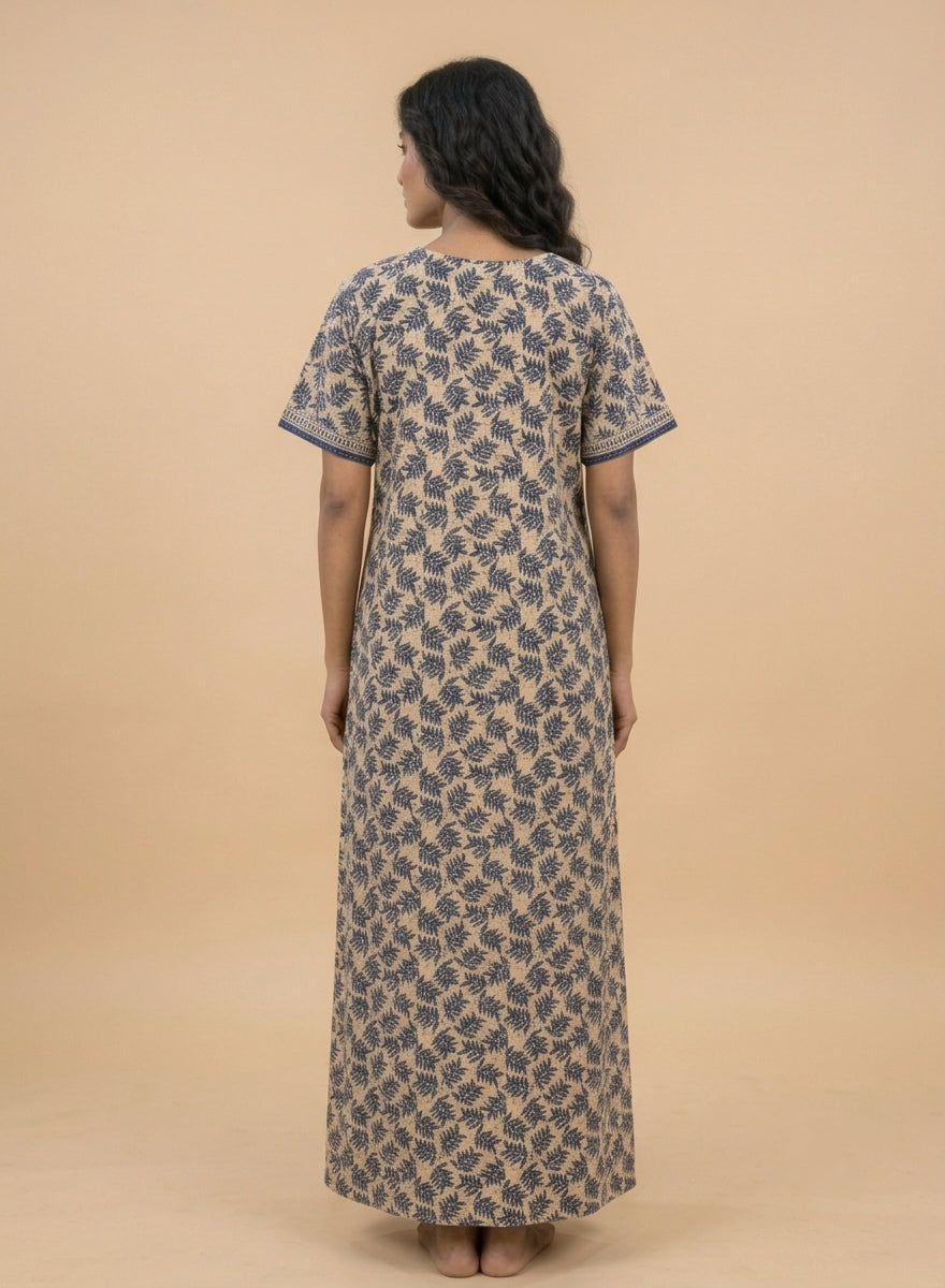 Beige & Navy Leaf Print Cotton Nighty – Mirror Work Yoke
