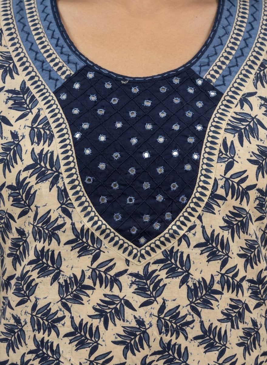 Beige & Navy Leaf Print Cotton Nighty – Mirror Work Yoke