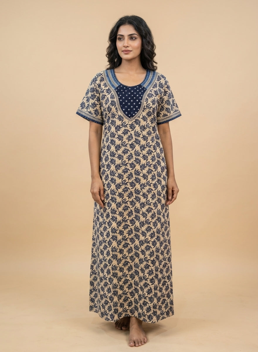 Beige & Navy Leaf Print Cotton Nighty – Mirror Work Yoke