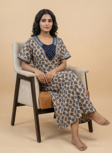 Beige & Navy Leaf Print Cotton Nighty – Mirror Work Yoke