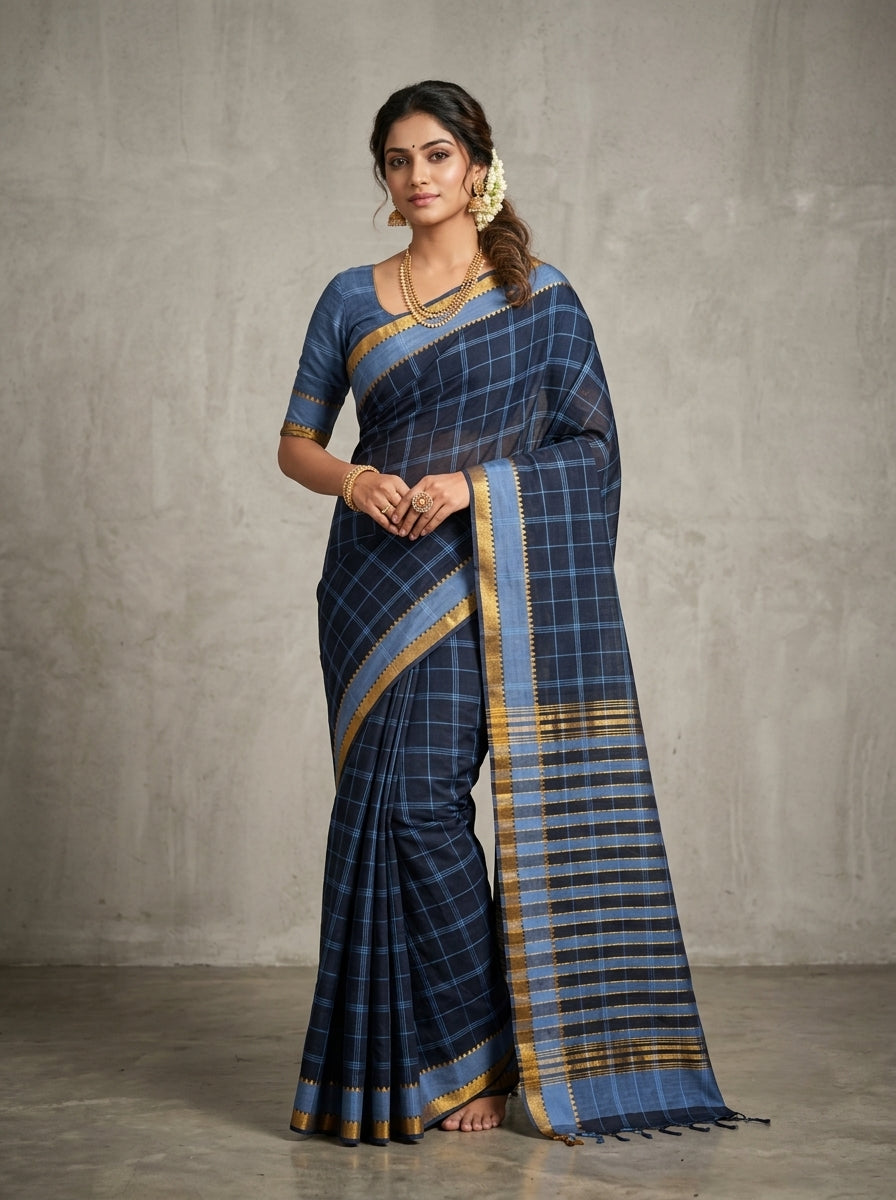 Black Handloom Cotton Saree with Blue Checks