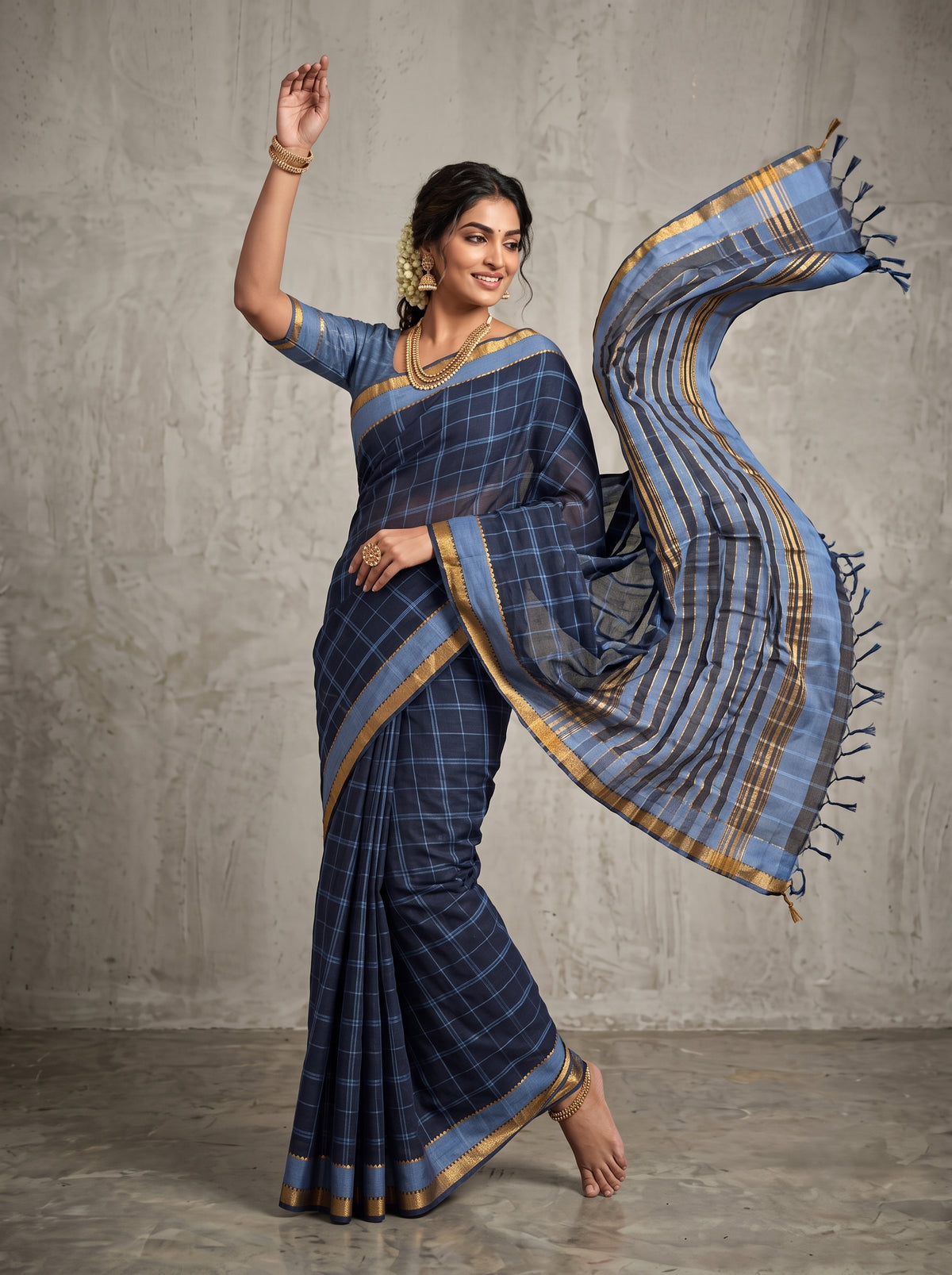 Black Handloom Cotton Saree with Blue Checks