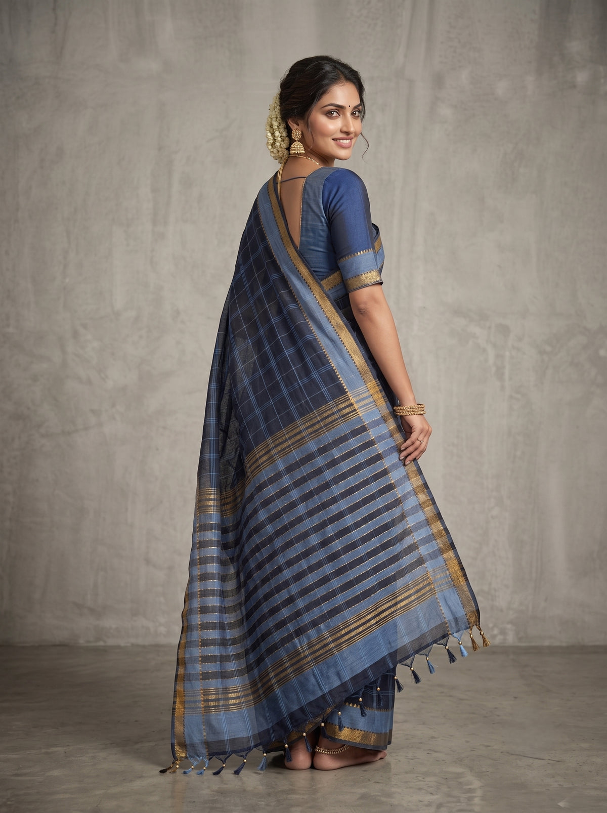 Black Handloom Cotton Saree with Blue Checks