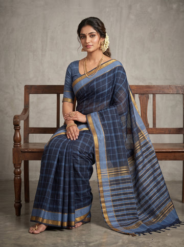 Black Handloom Cotton Saree with Blue Checks