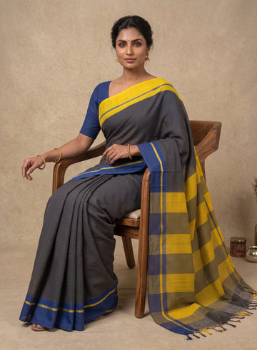 Black Patteda Anchu Handloom Cotton ganga jamuna border Saree – Blue & Yellow Striped Pallu