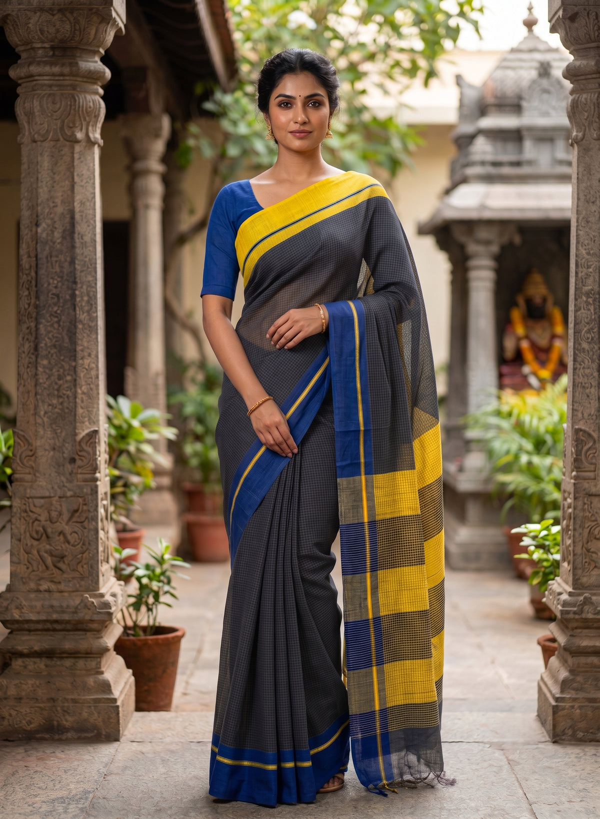 Black Patteda Anchu Handloom Cotton ganga jamuna border Saree – Blue & Yellow Striped Pallu