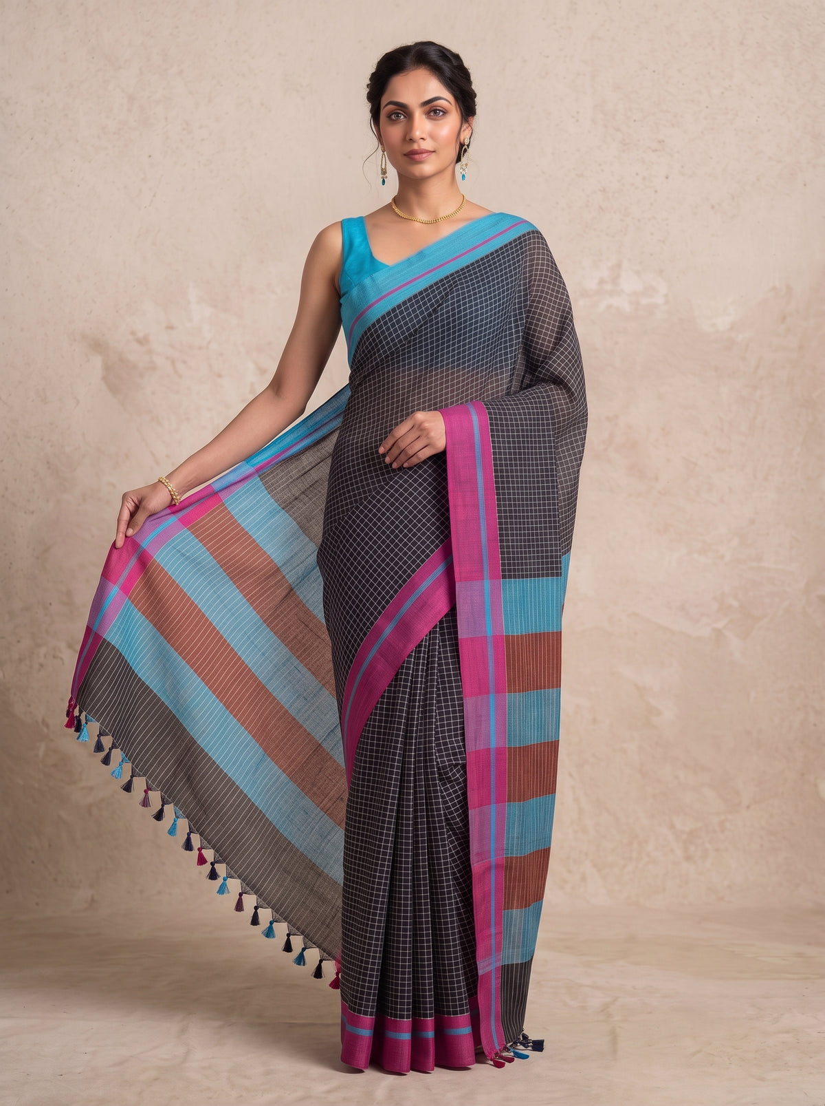 Black Patteda Anchu Handloom Cotton Saree – Ganga Jamuna Border with Multicolour Striped Pallu