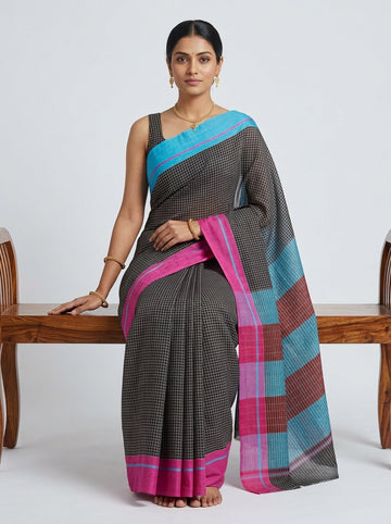 Black Patteda Anchu Handloom Cotton Saree – Ganga Jamuna Border with Multicolour Striped Pallu