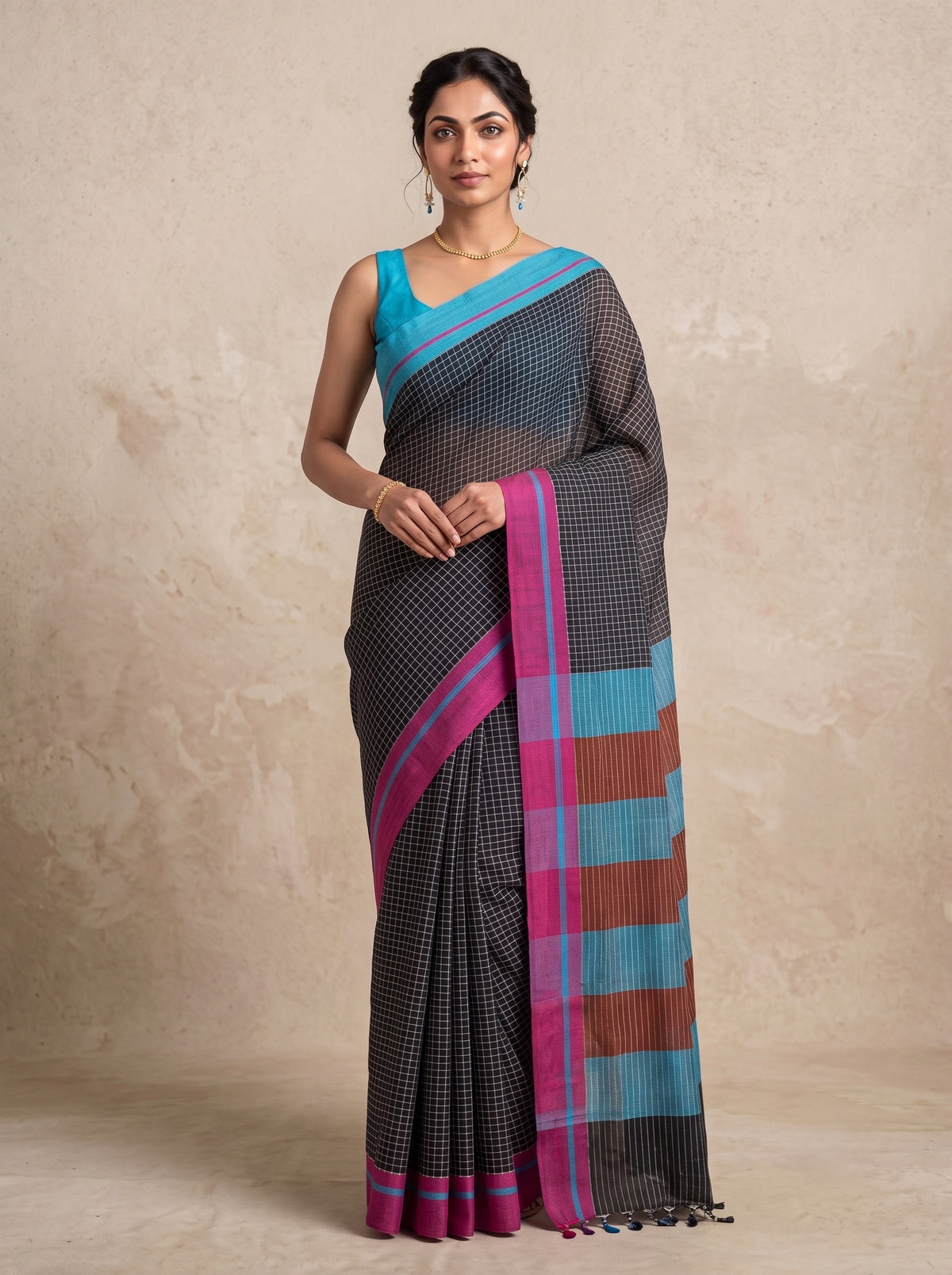 Black Patteda Anchu Handloom Cotton Saree – Ganga Jamuna Border with Multicolour Striped Pallu