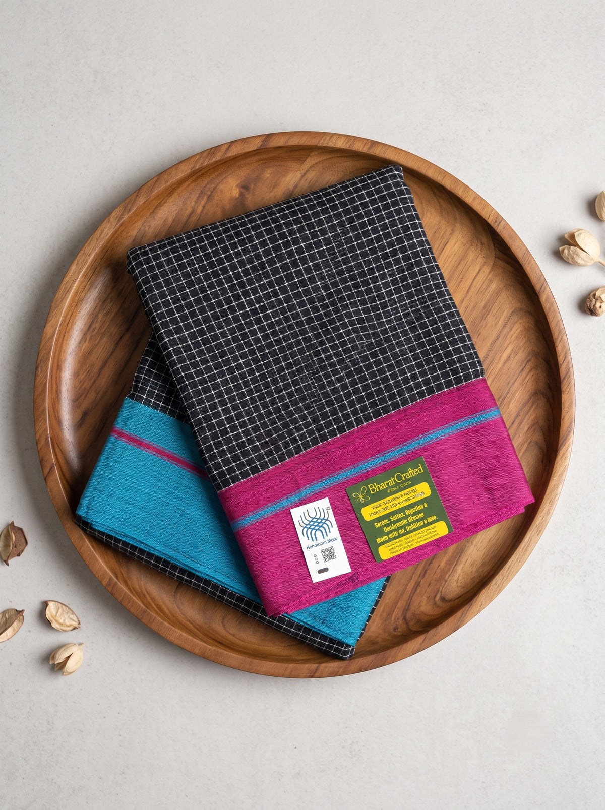 Black Patteda Anchu Handloom Cotton Saree – Ganga Jamuna Border with Multicolour Striped Pallu