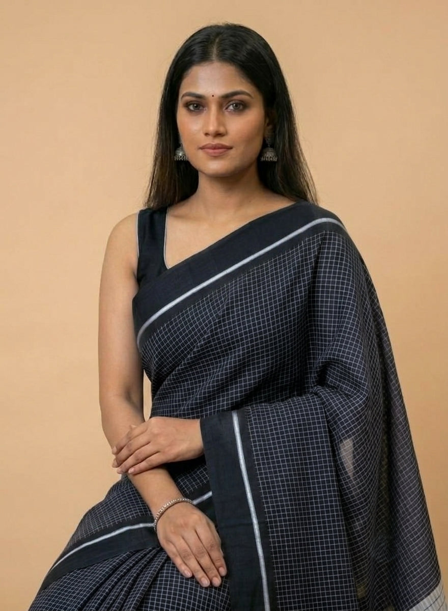 Black Patteda Anchu Handloom Cotton Saree – Silver Striped Border