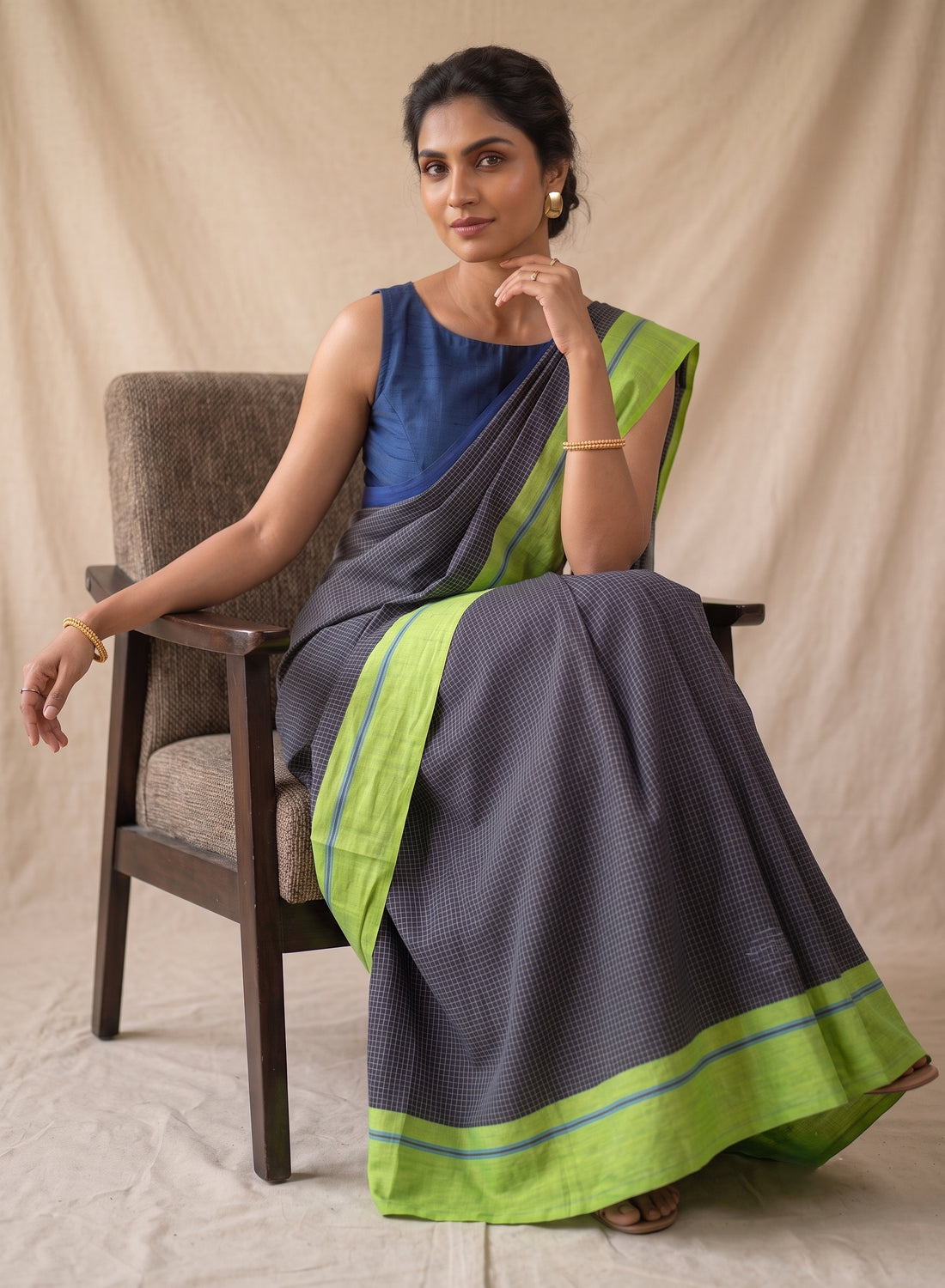 Black Patteda Anchu Handloom Cotton ganga jamuna border Saree – Deep Blue and Green Striped Pallu