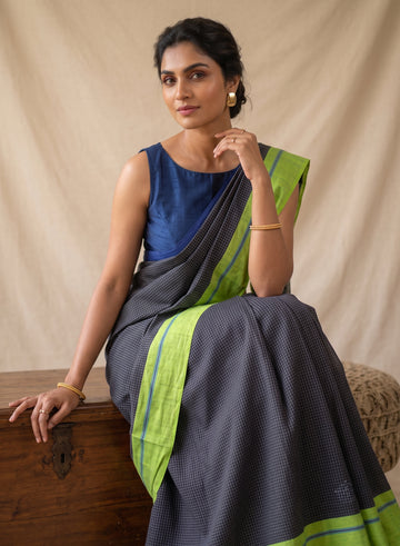 Black Patteda Anchu Handloom Cotton ganga jamuna border Saree – Deep Blue and Green Striped Pallu