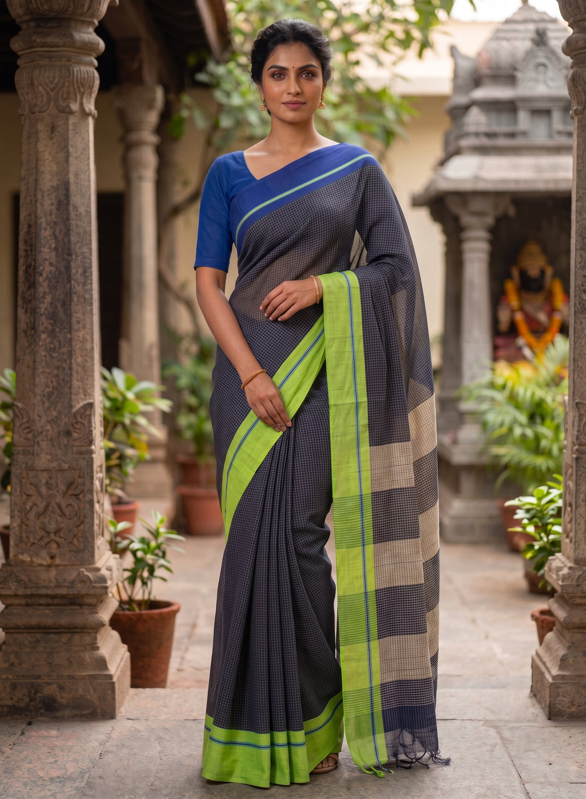 Black Patteda Anchu Handloom Cotton ganga jamuna border Saree – Deep Blue and Green Striped Pallu