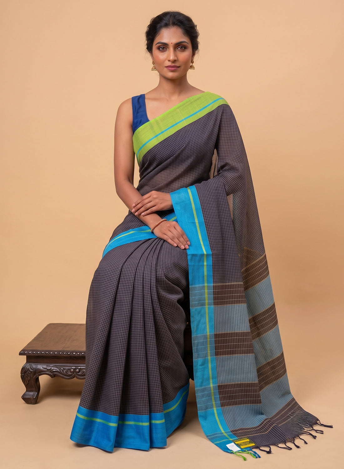 Black Patteda Anchu Handloom Cotton ganga jamuna border Saree – Green and Sky Blue Striped Pallu