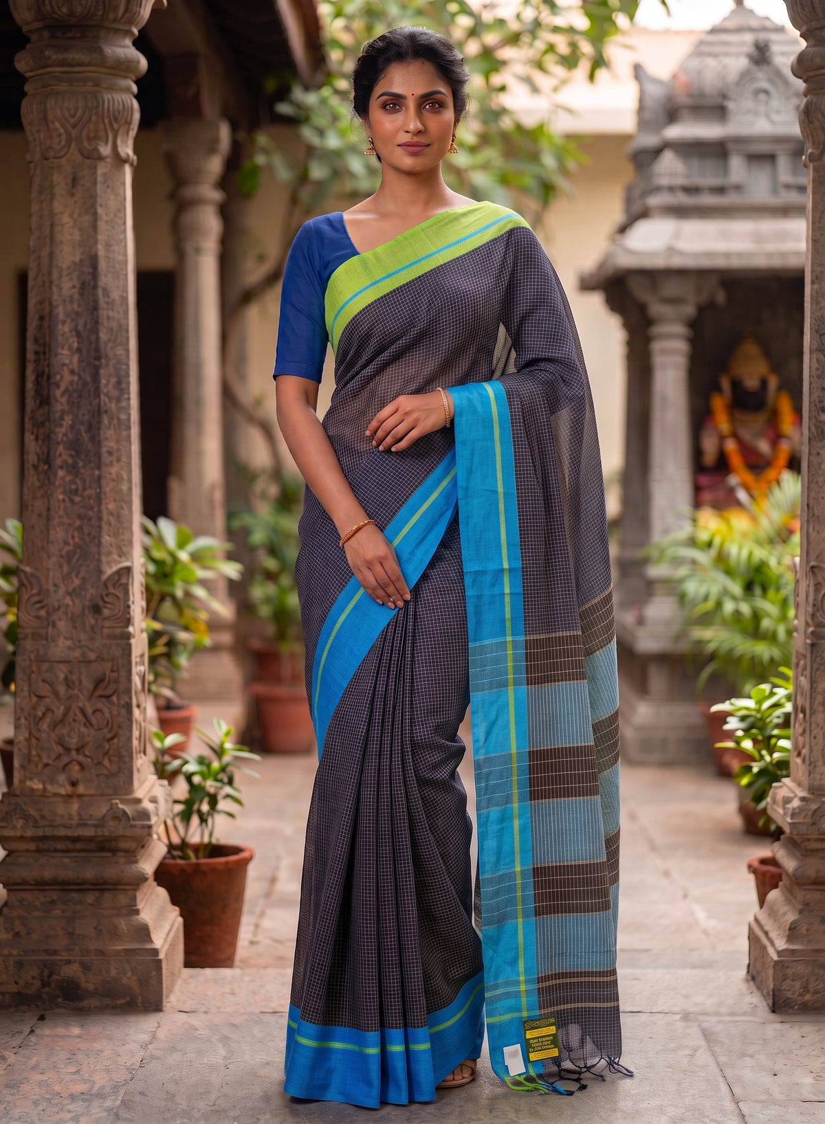 Black Patteda Anchu Handloom Cotton ganga jamuna border Saree – Green and Sky Blue Striped Pallu