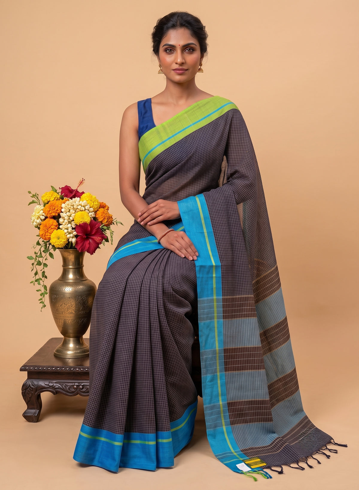 Black Patteda Anchu Handloom Cotton ganga jamuna border Saree – Green and Sky Blue Striped Pallu