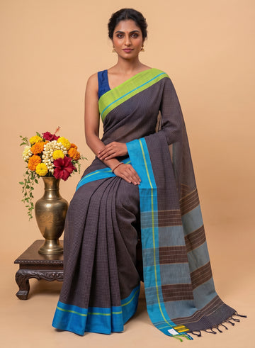 Black Patteda Anchu Handloom Cotton ganga jamuna border Saree – Green and Sky Blue Striped Pallu