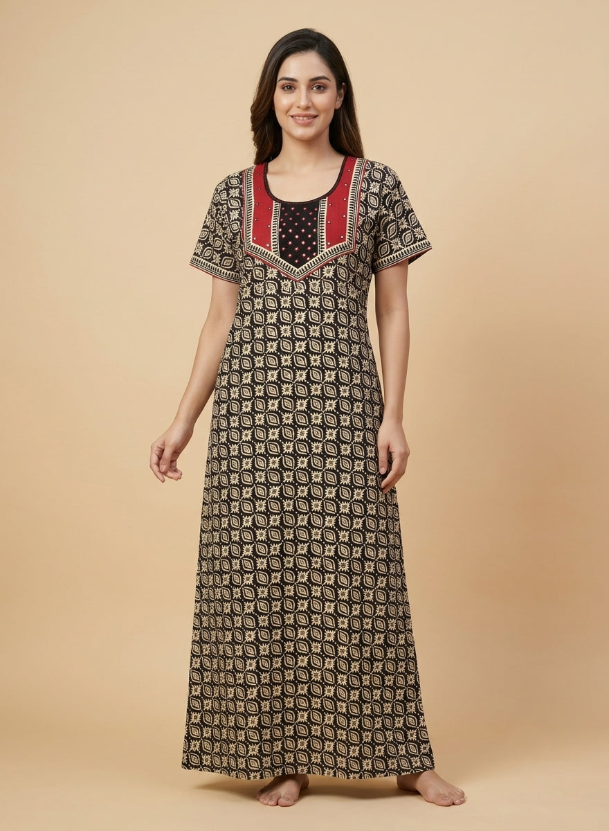 Black & Beige Geometric Print Cotton Nighty – Red Mirror Work Yoke