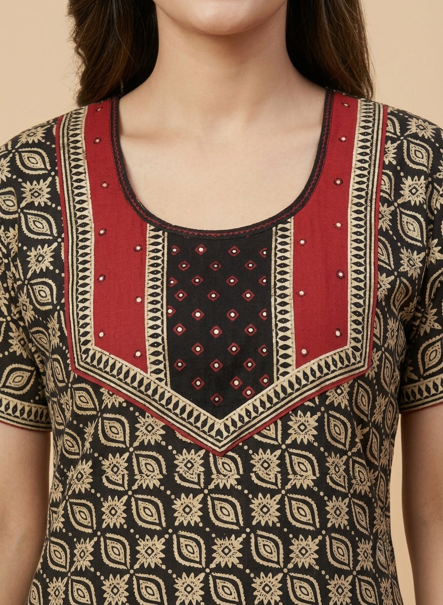 Black & Beige Geometric Print Cotton Nighty – Red Mirror Work Yoke