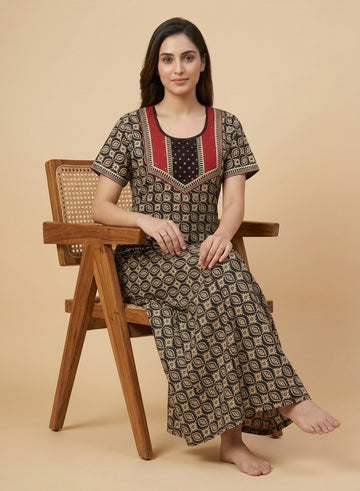 Black & Beige Geometric Print Cotton Nighty – Red Mirror Work Yoke