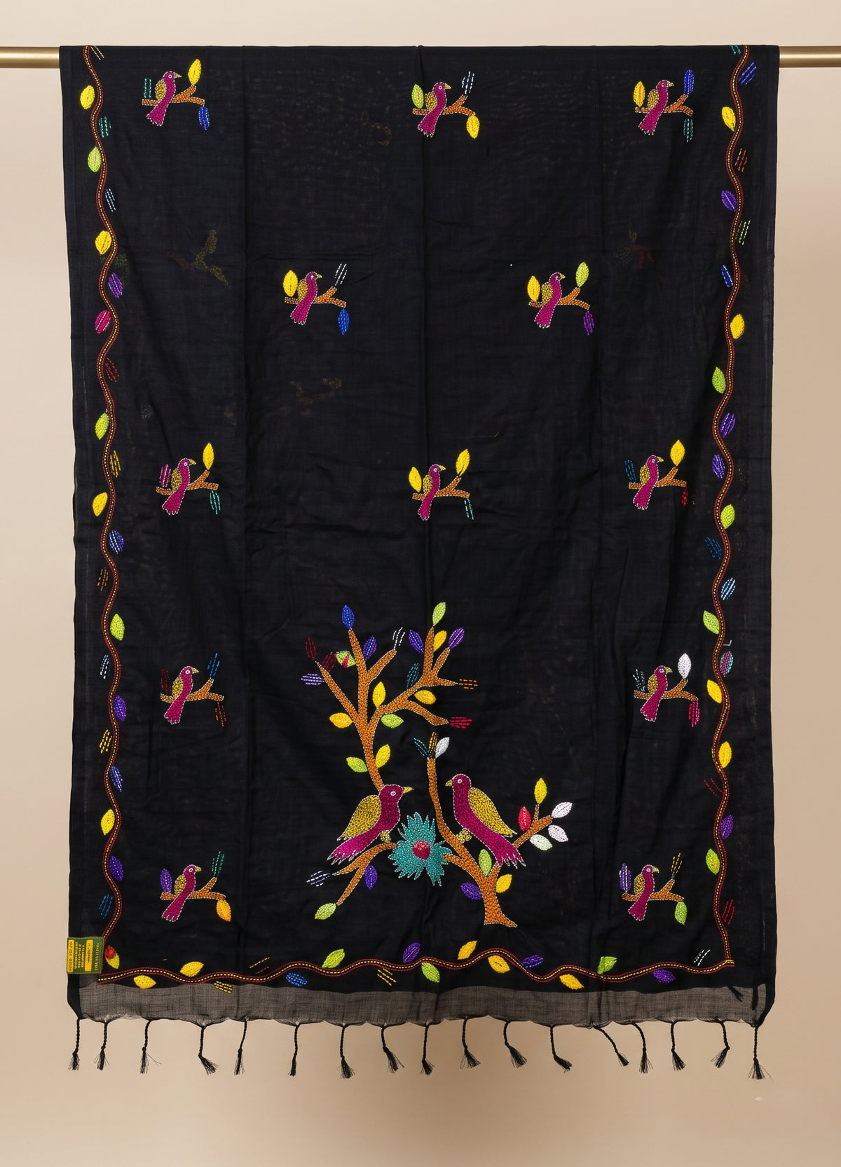 Black & pink khadi cotton patch work and kantha stitch work saree
