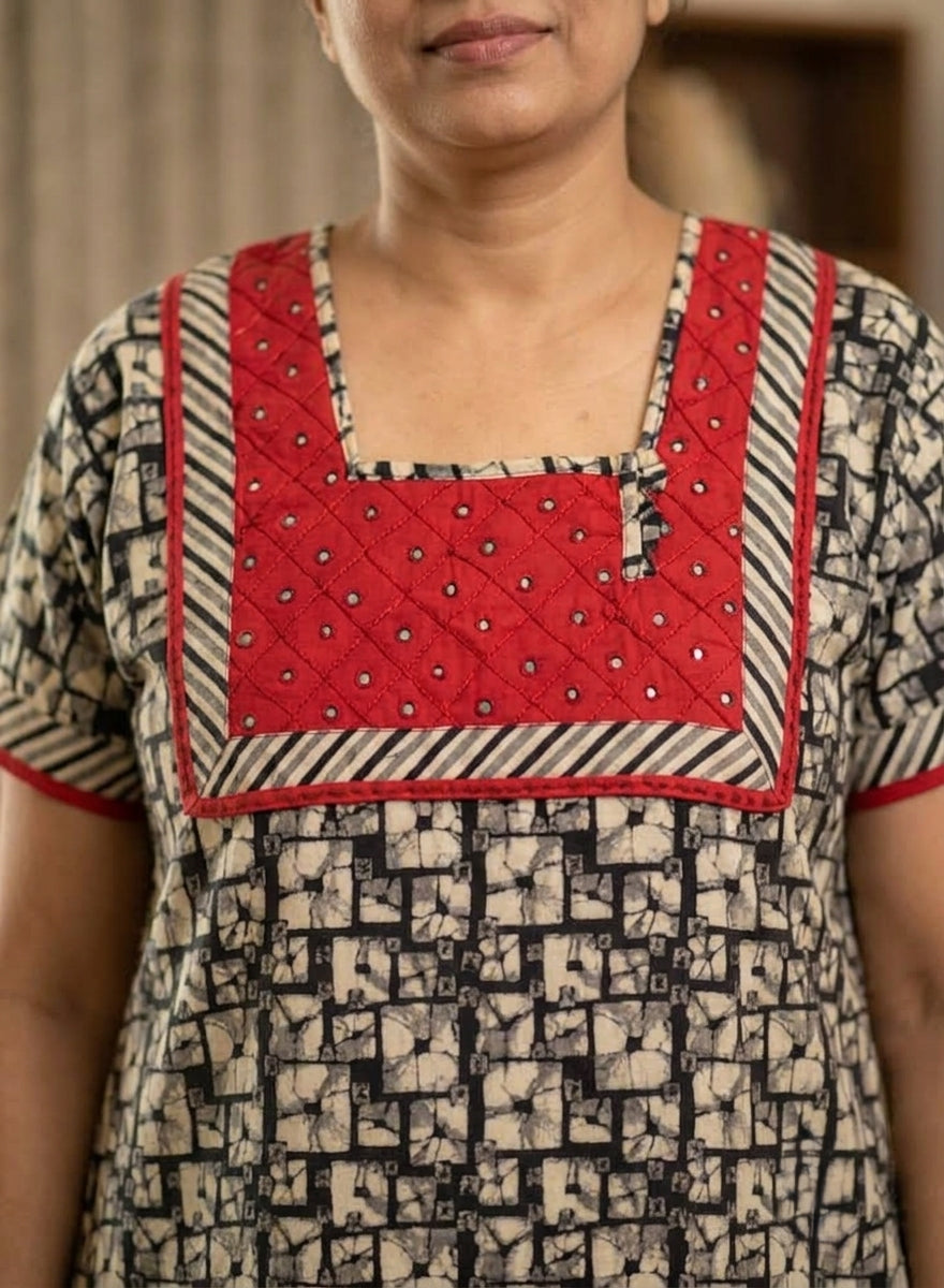 Black and Beige Block Print Cotton Nighty – Red Mirror Work Square Yoke