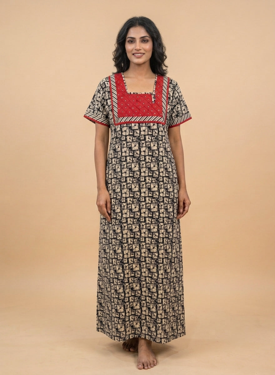 Black and Beige Block Print Cotton Nighty – Red Mirror Work Square Yoke