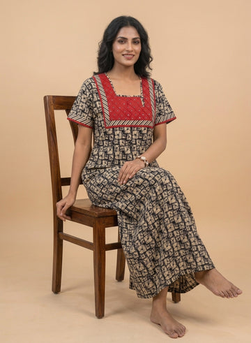 Black and Beige Block Print Cotton Nighty – Red Mirror Work Square Yoke