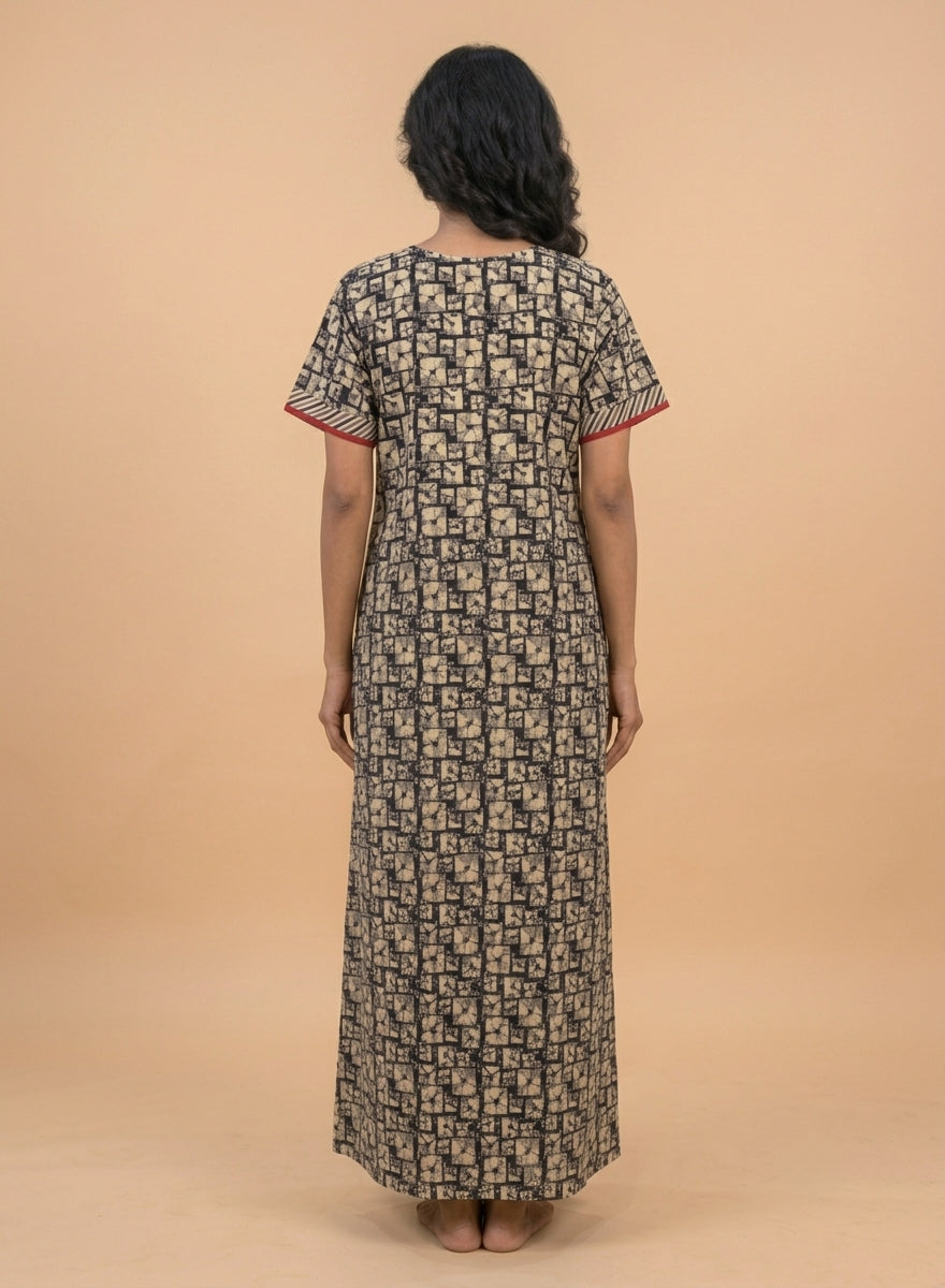Black and Beige Block Print Cotton Nighty – Red Mirror Work Square Yoke