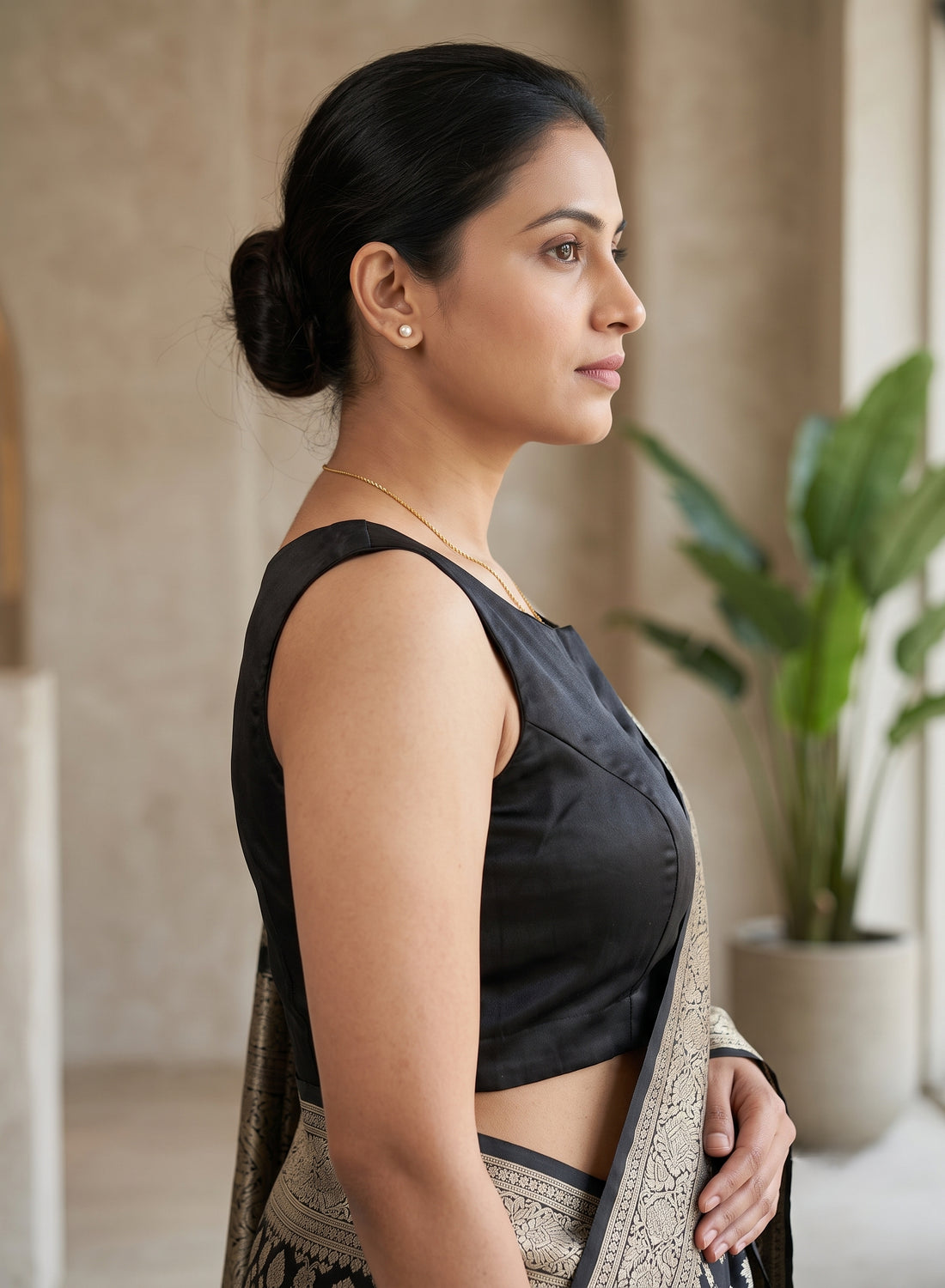 Black Sleeveless Boat Neck Designer Blouse