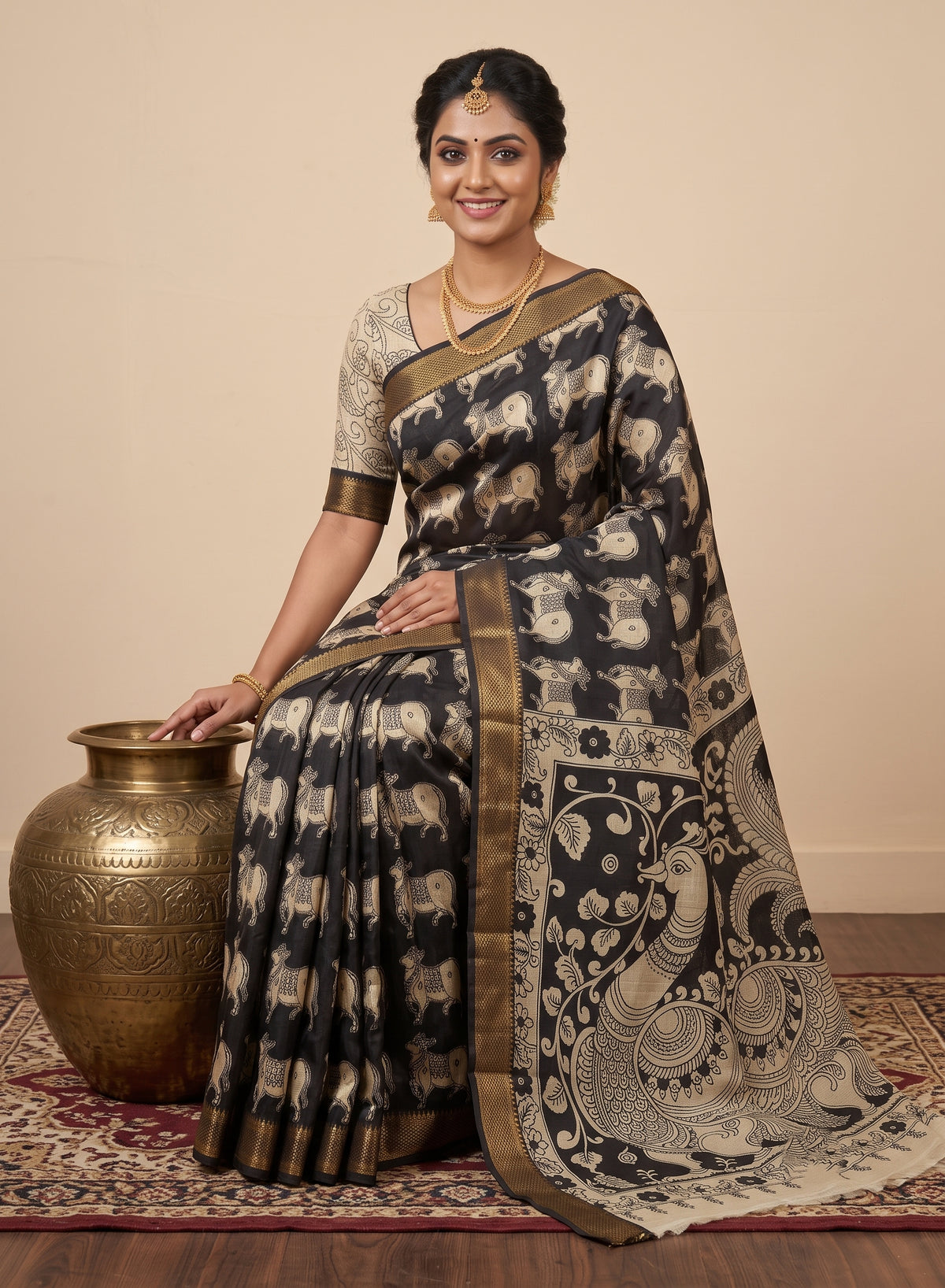 Black Nandi kalamkari nizam border saree