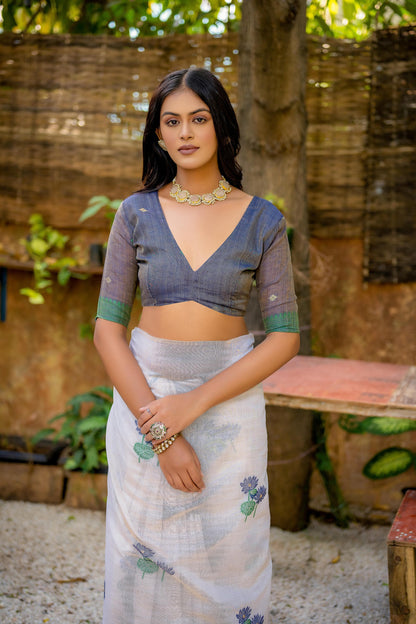 Semi Muga Silk Saree - Blue Lotus