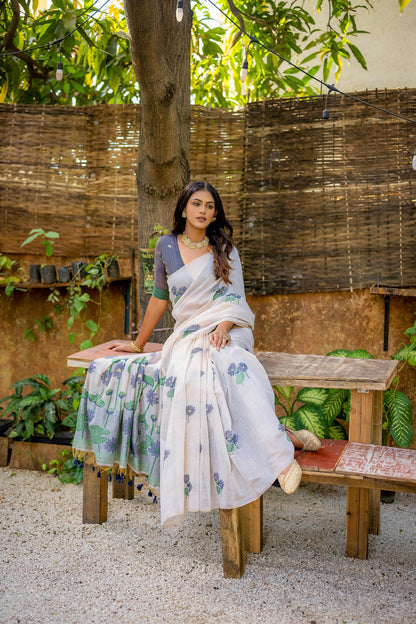 Semi Muga Silk Saree - Blue Lotus