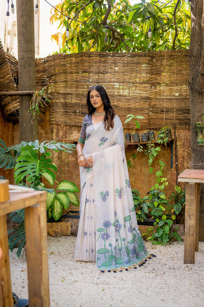 Semi Muga Silk Saree - Blue Lotus