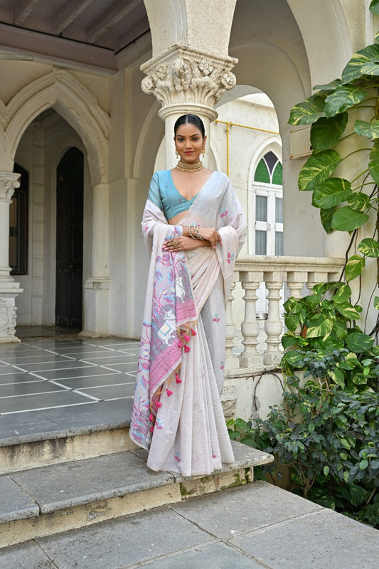 Semi Muga Silk Saree - Blue Pichwai