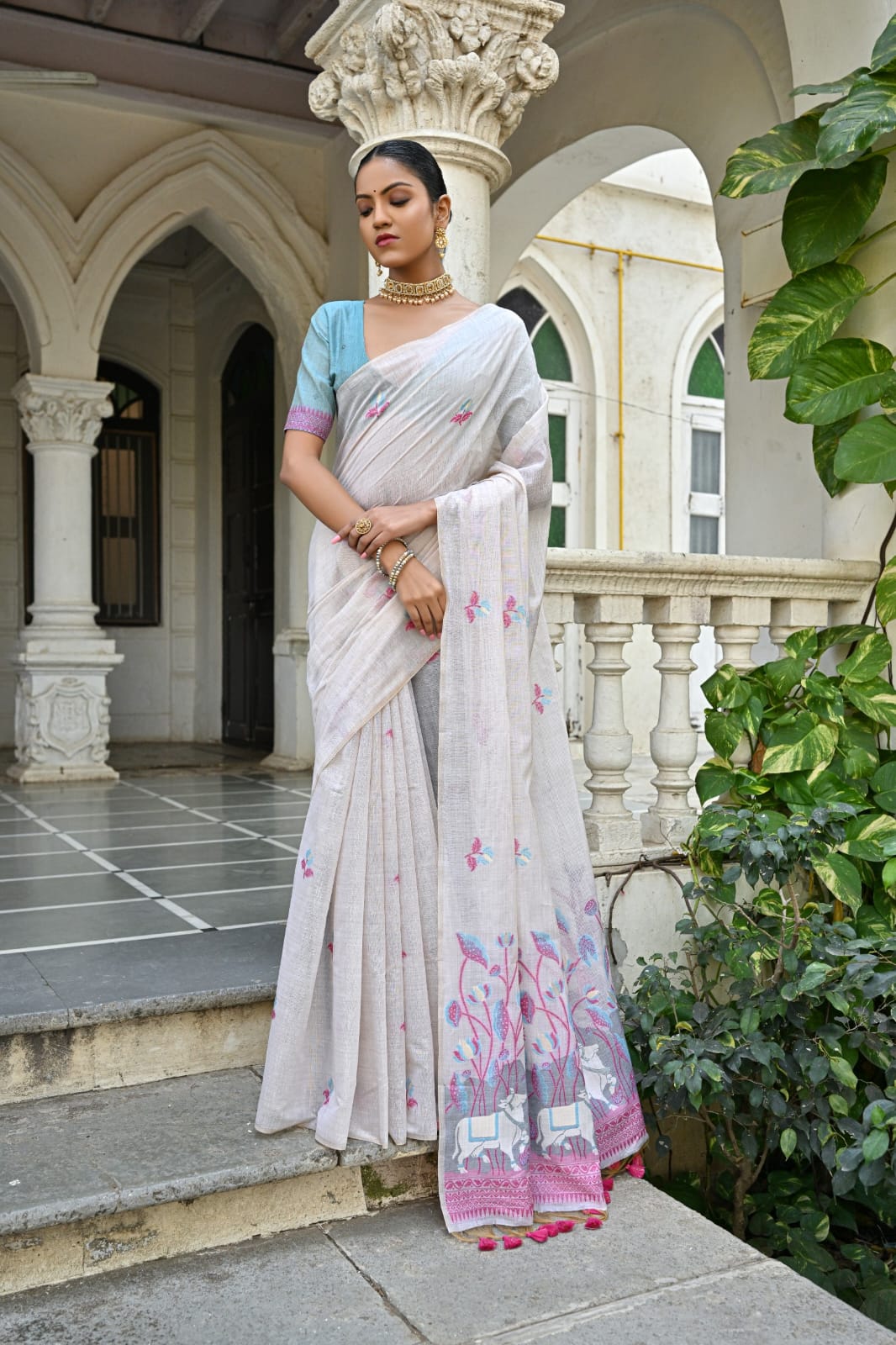 Semi Muga Silk Saree - Blue Pichwai