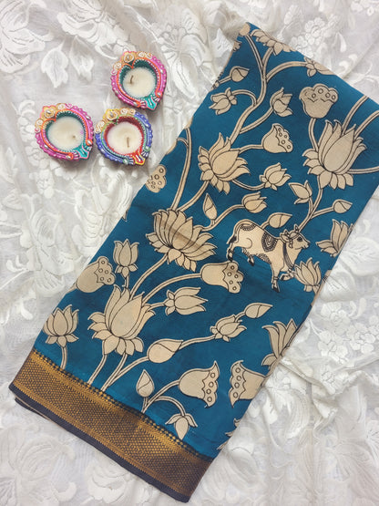 Kalamkari Nizam Border Shyam Blue Floral Printed Saree