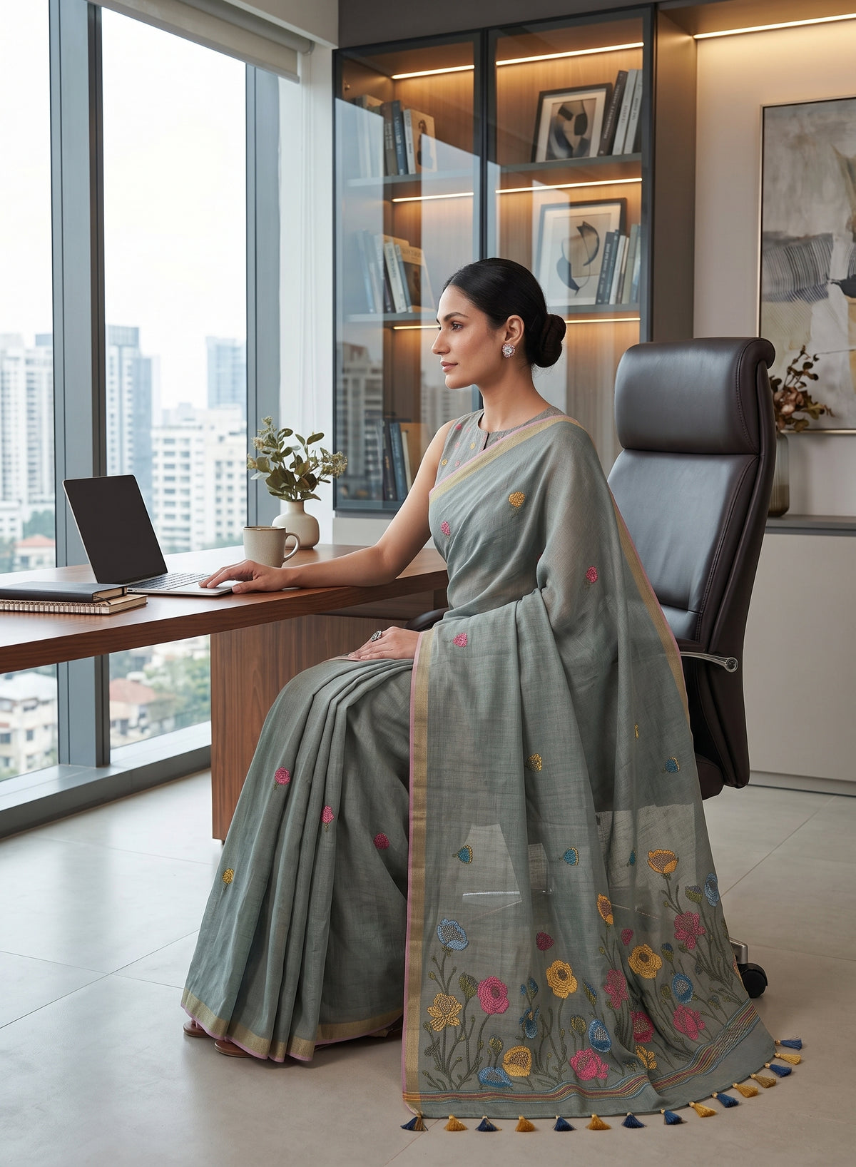 Blue Linen Cotton Saree – Floral Embroidered Pallu with Tassel Border