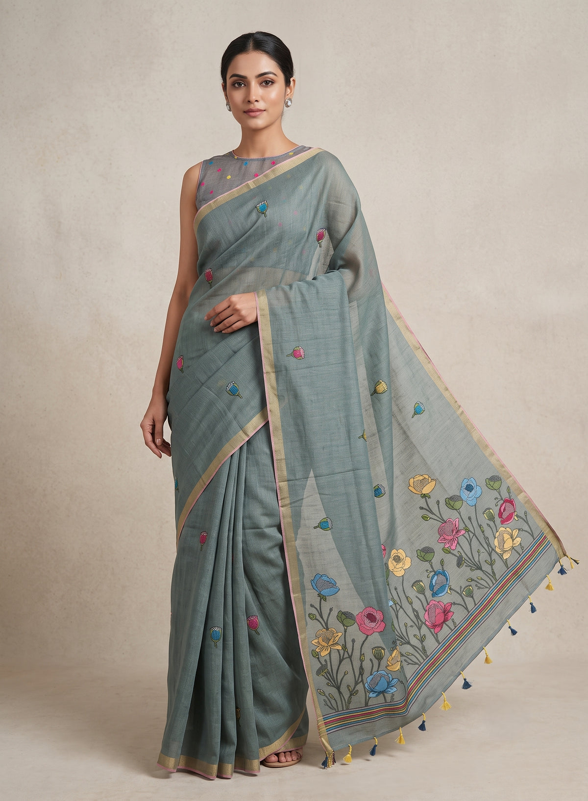 Blue Linen Cotton Saree – Floral Embroidered Pallu with Tassel Border